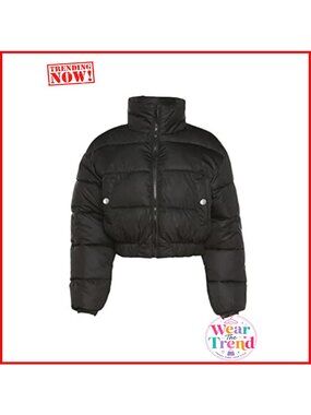 Cropped Quilted Puffer Jacket Full Zip Winter Coat